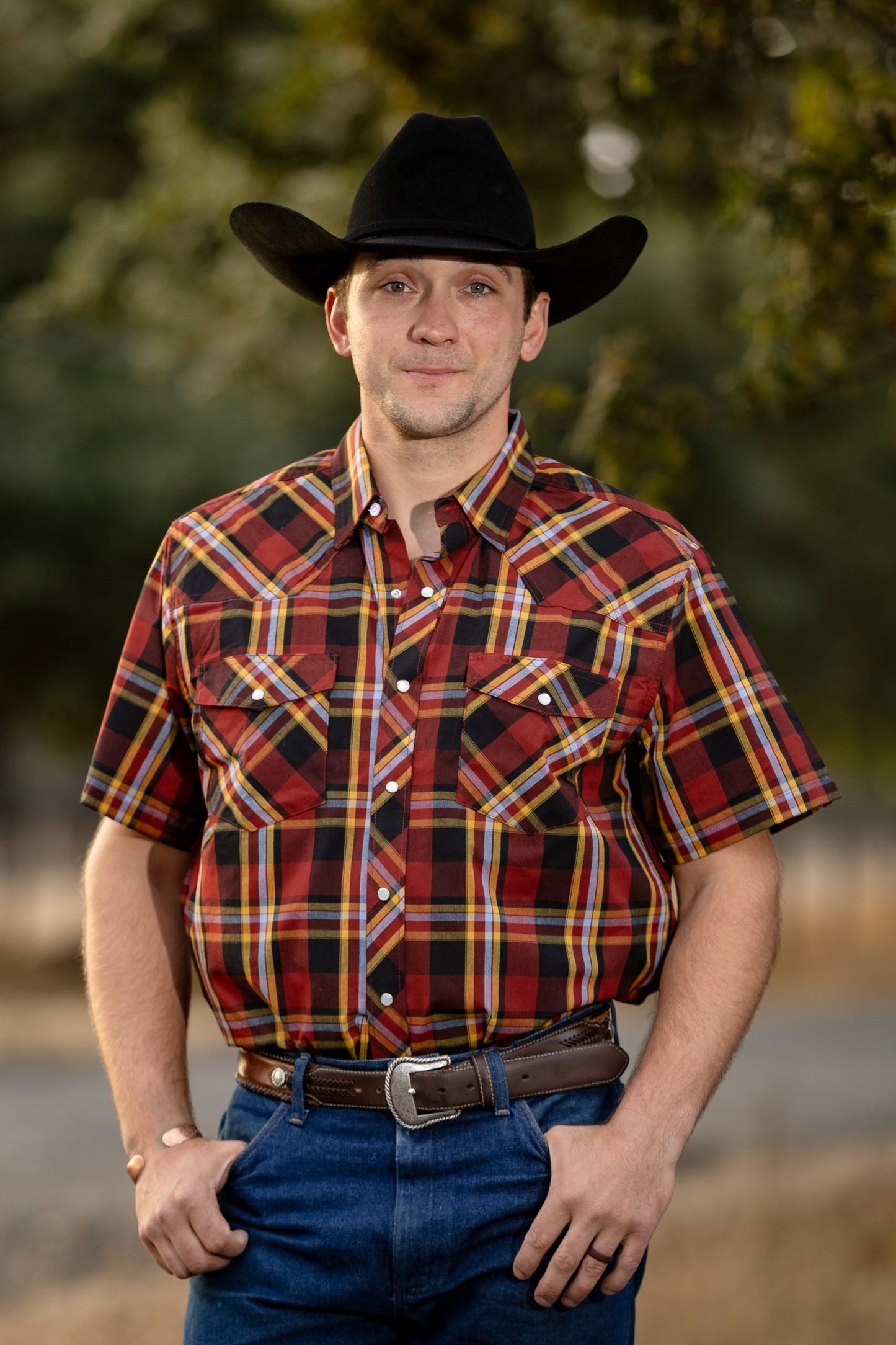 Western Print Plaid #9 Red:Yellow Short Sleeve Shirt