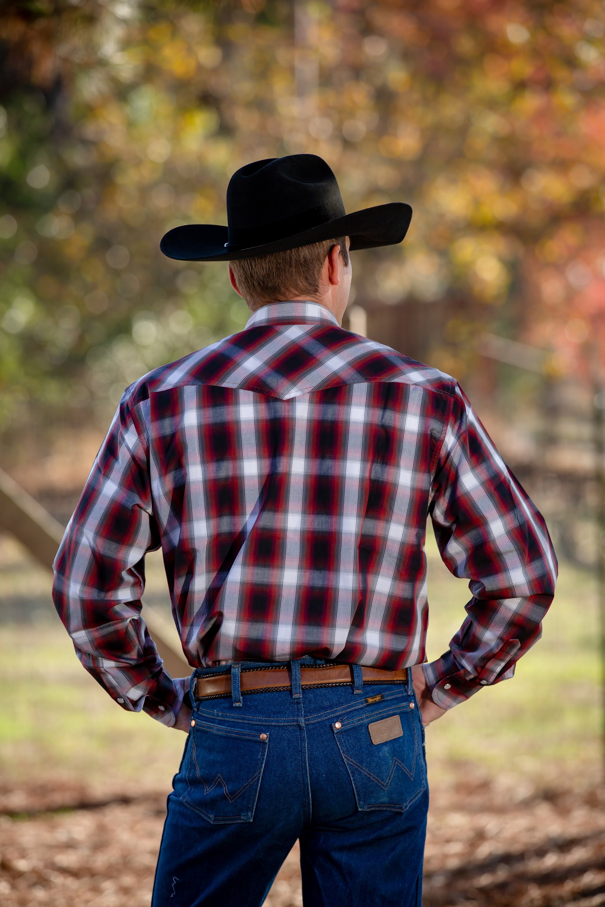 Western Print Shirt Red White Plaid Back
