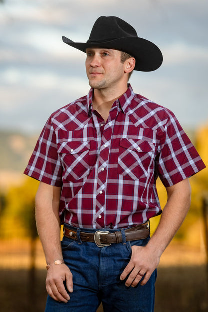 Western Print Plaid #13 Red:Blue Short Sleeve Shirt1