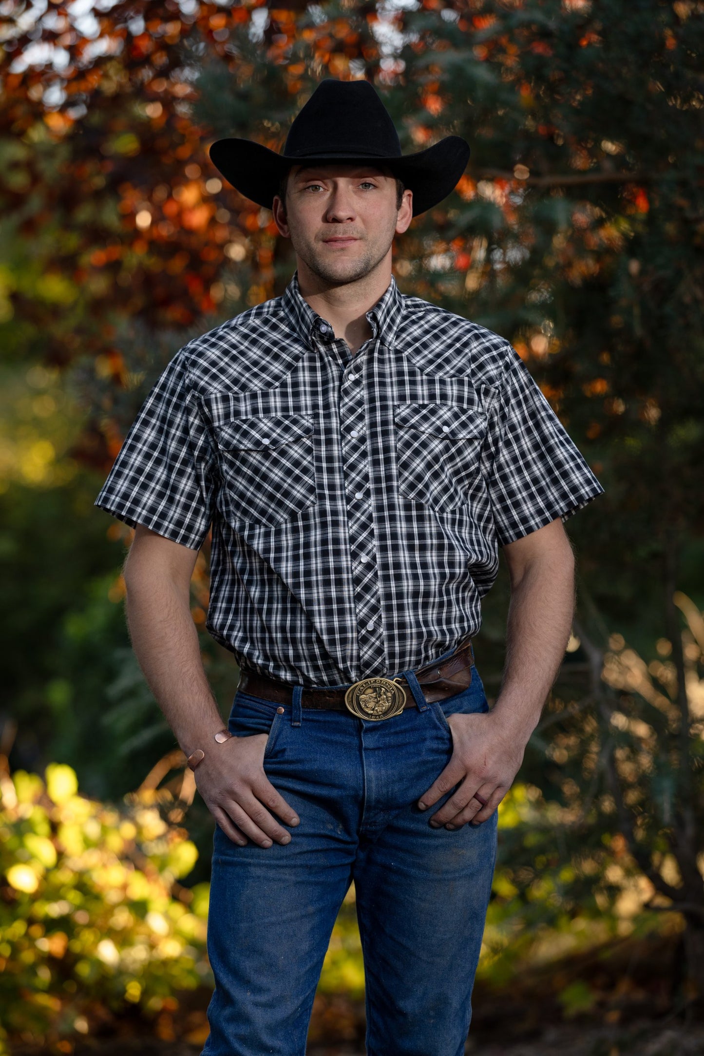 Western Print Plaid #10 Black:White Short Sleeve Shirt2