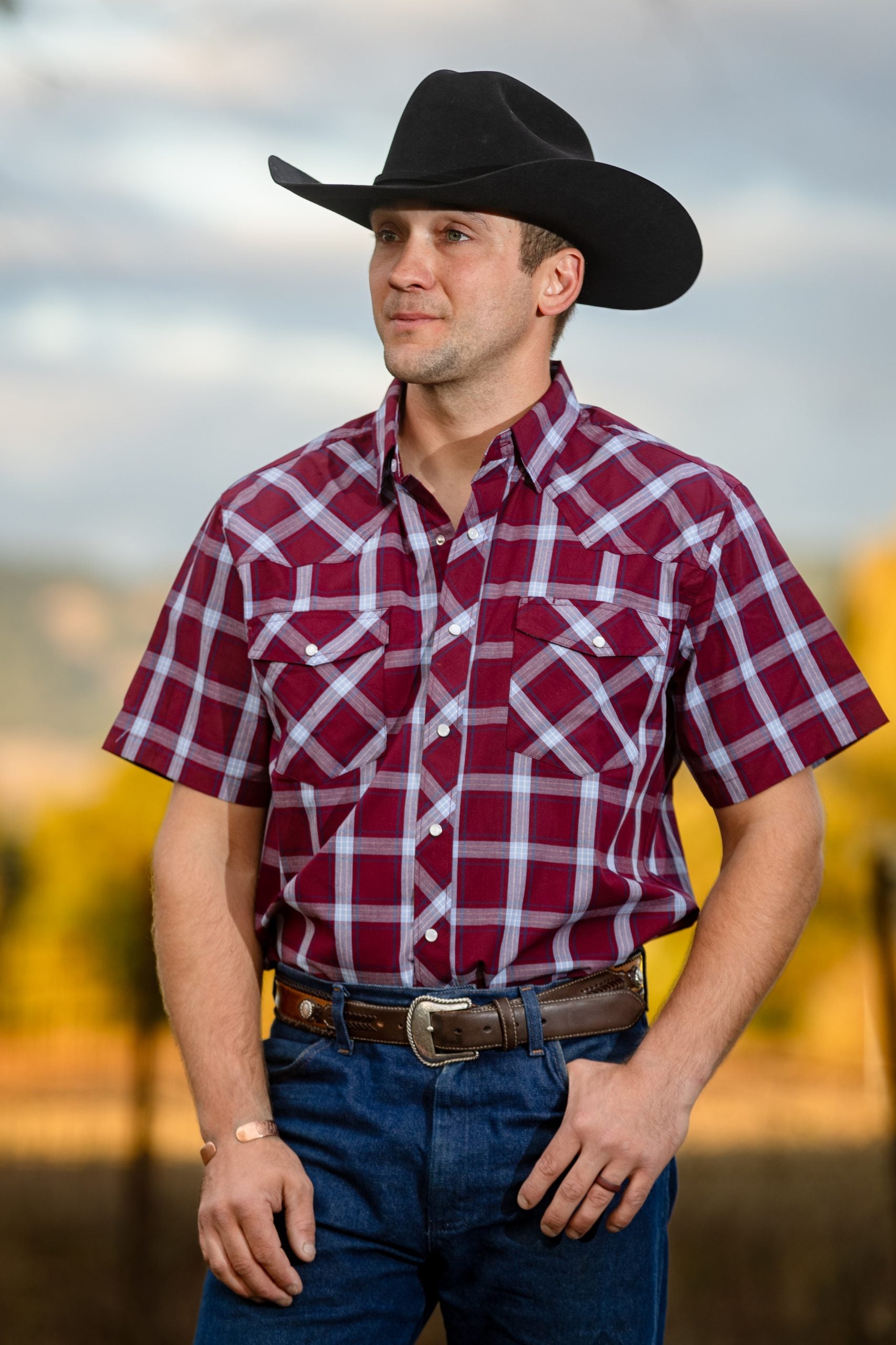 Western Print Plaid #13 Red:Blue Short Sleeve Shirt1