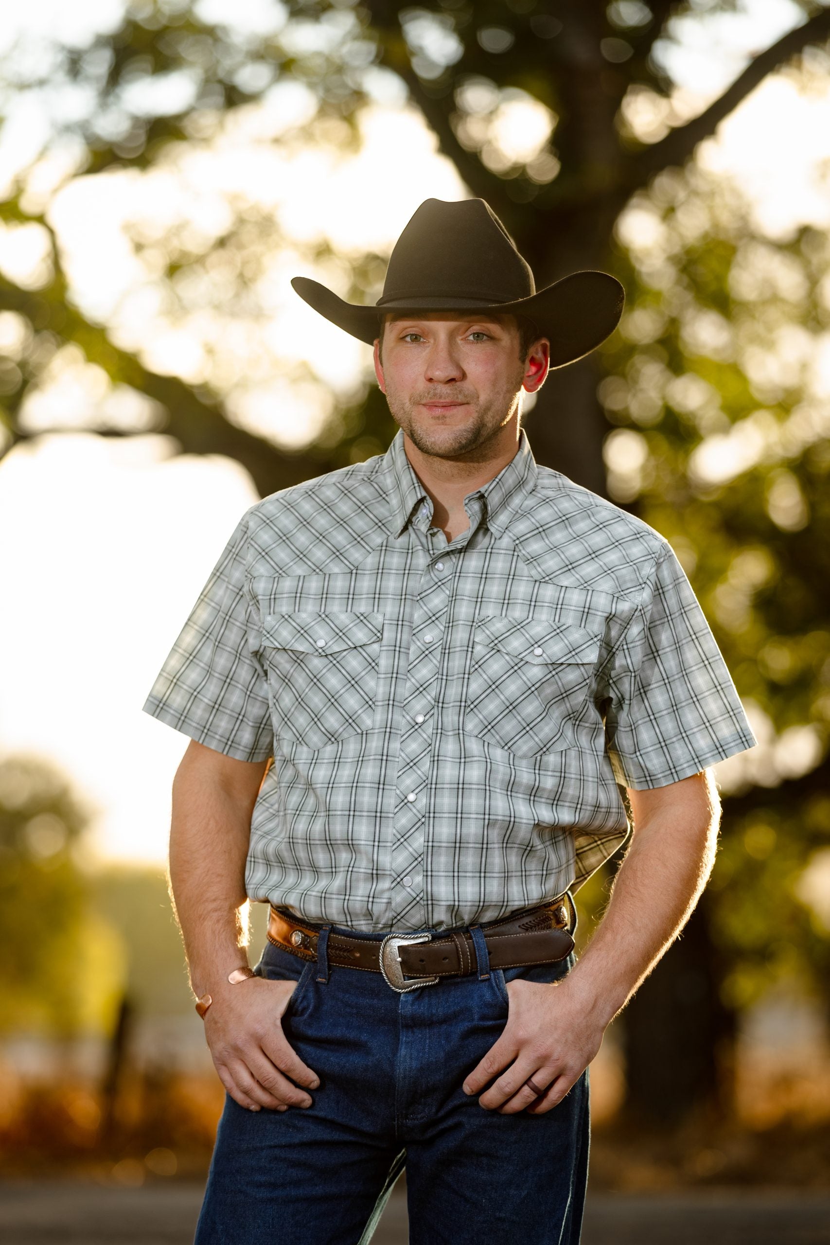 Western Print Plaid #14 Sage Short Sleeve Shirt